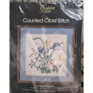 VTG Golden Bee IRIS FLORAL Picture Counted Cross Stitch Kit 60212 ~ NEW